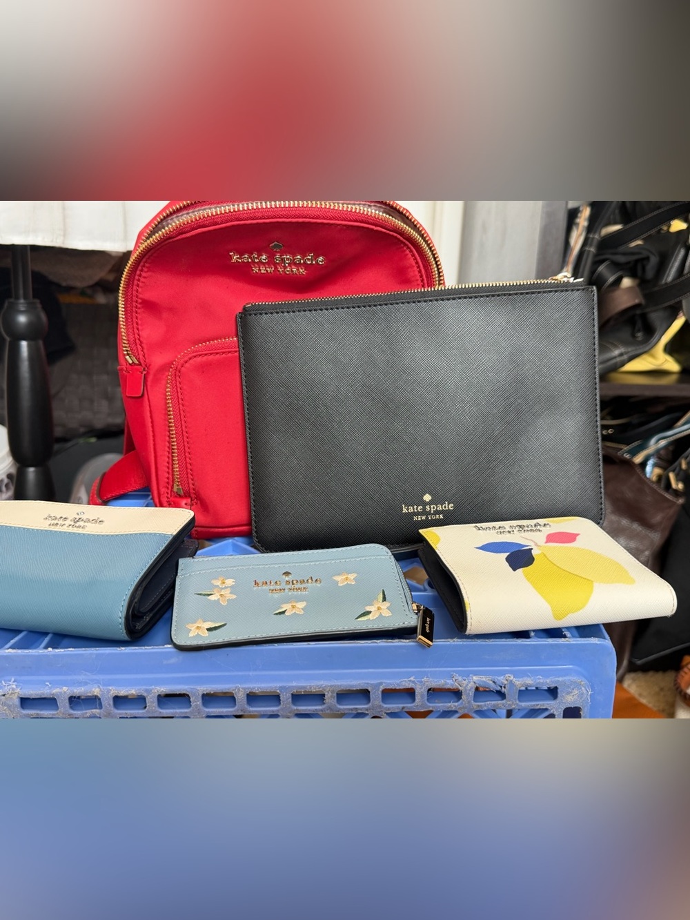 AUTHENTIC KATE SPADE BUNDLE Red backpack, black zip folio and 3 small wallets